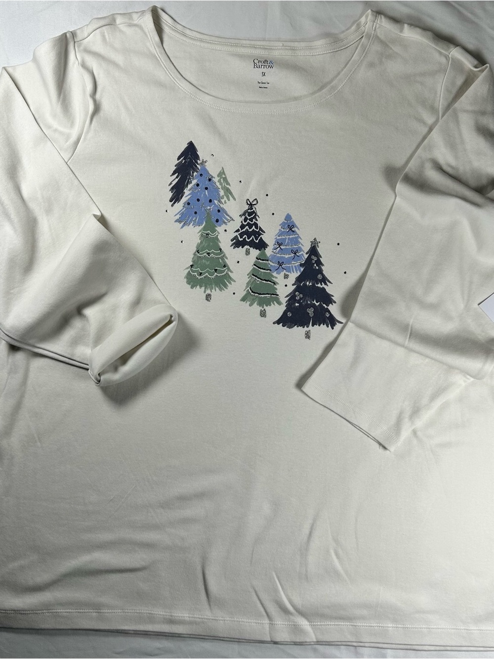 croft & barrow Cream Long-Sleeve Tee with Blue and Green Tree Print